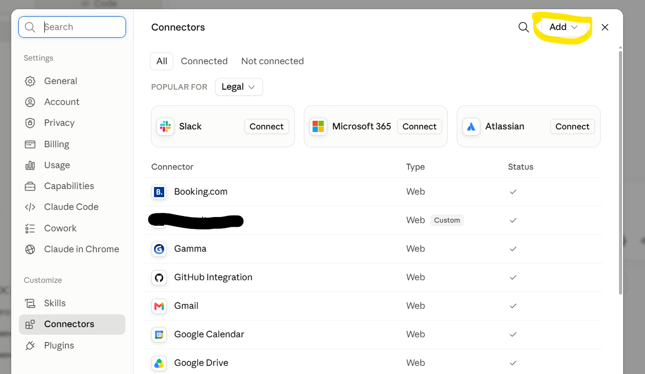 Раздел Connectors в настройках. Жёлтым обведена кнопка Add. В списке ниже видно уже подключённые коннекторы с меткой Custom.