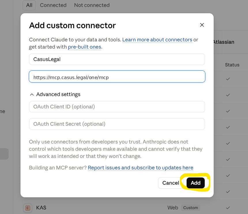 Форма Add custom connector. Жёлтым отмечена кнопка Add. Поля OAuth Client ID и OAuth Client Secret остаются пустыми.