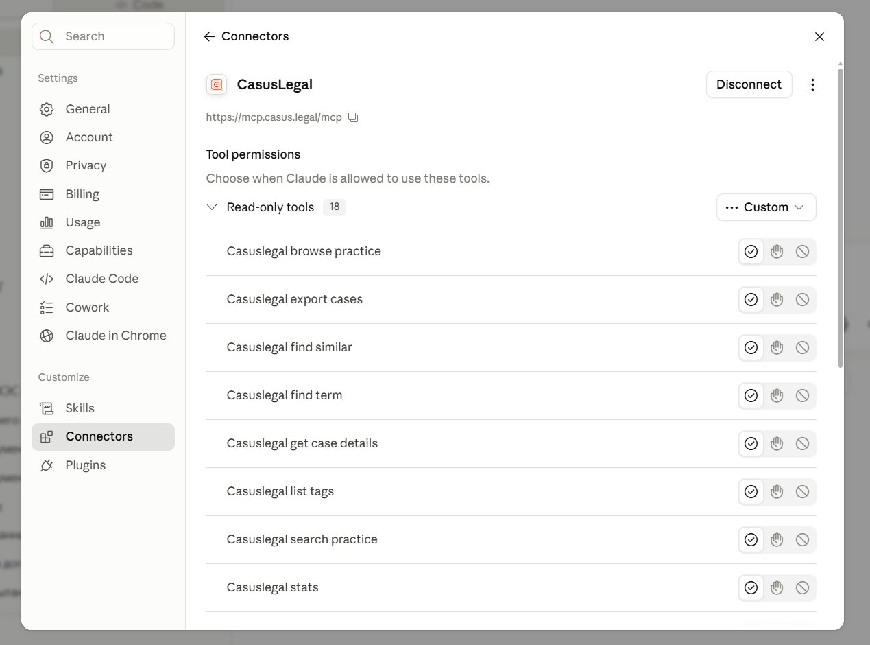 Карточка подключённого коннектора, раздел Tool permissions. Справа от «Read-only tools» — переключатель режима, здесь он в положении Custom. Три значка у каждого инструмента задают режим поштучно.