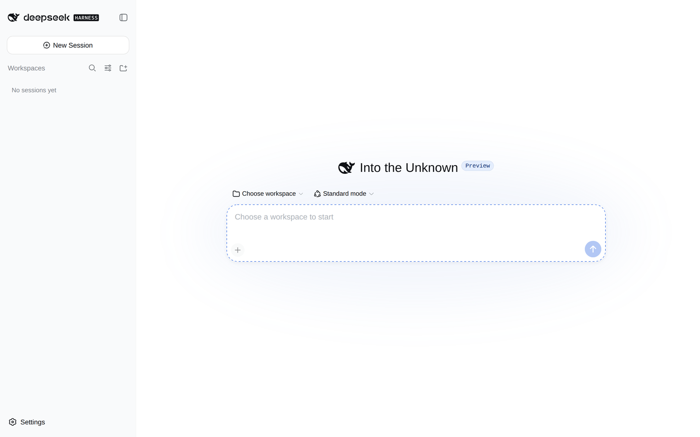 Главный экран веб-интерфейса DeepSeek Harness: слева список сессий и кнопка Settings, в центре поле ввода.