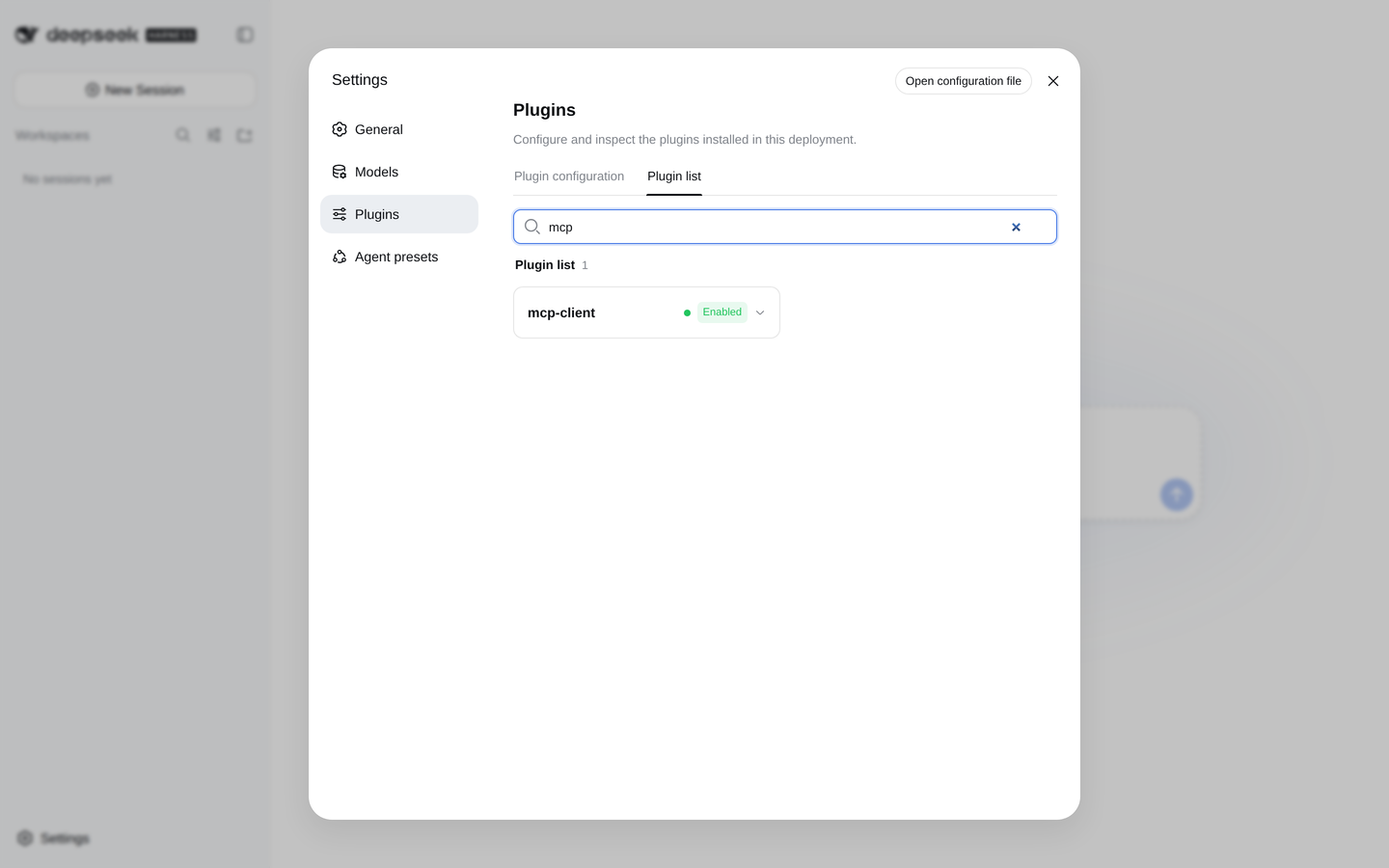 Вкладка Plugin list с фильтром mcp: найдена одна запись mcp-client со статусом Enabled.